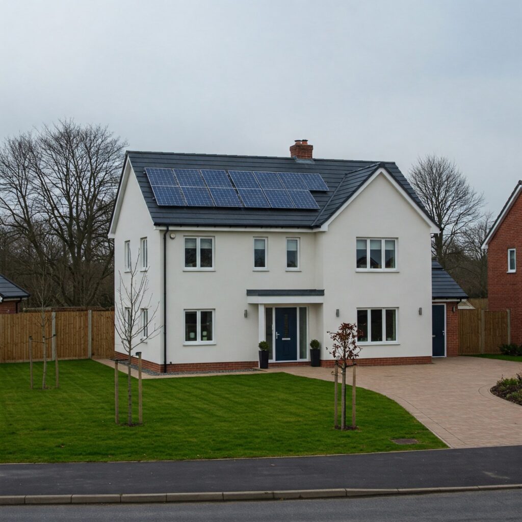 UK home with solar panels for renewable energy.