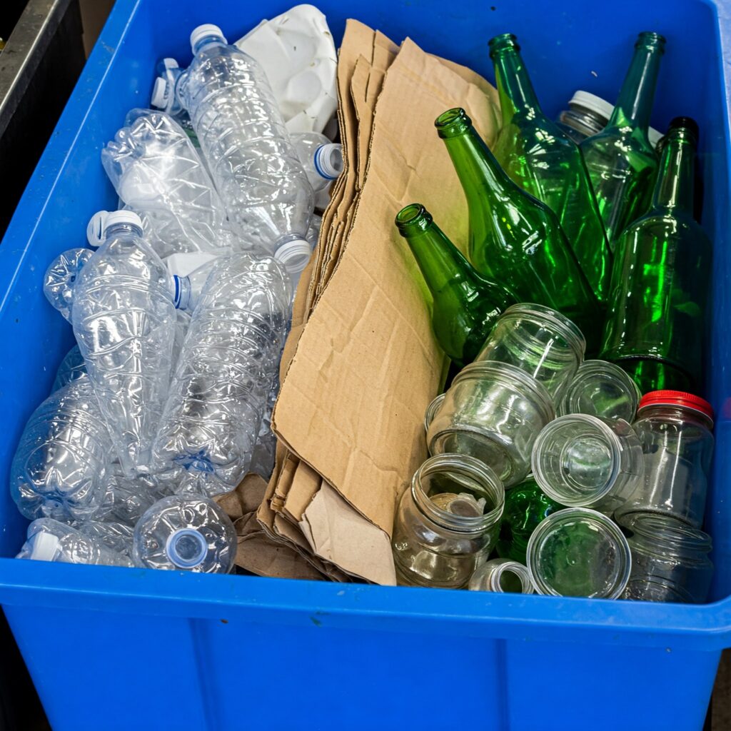 Recycling bin in the UK with sorted materials.